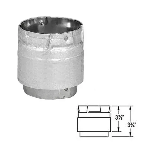 Silver metal cylindrical duct connector with a small dimension sketch showing 3⅜ and 3¾ inches