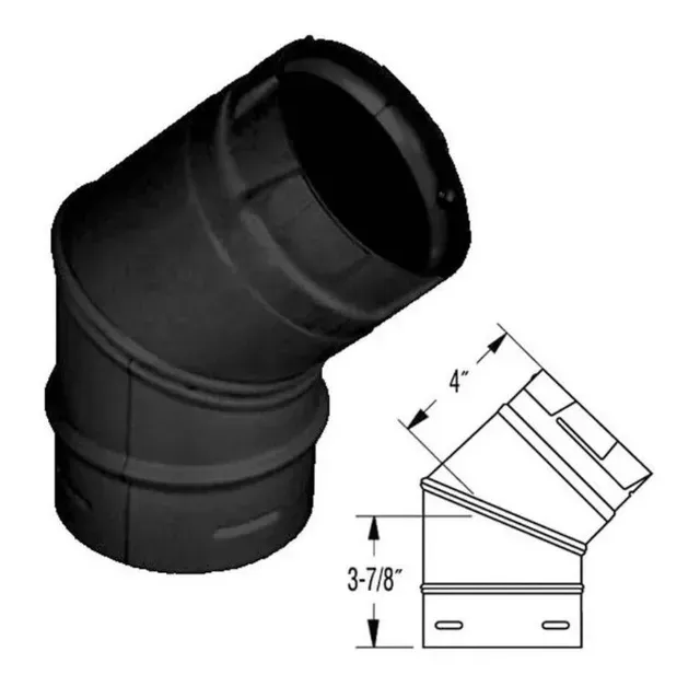 Black 45-degree duct elbow with dimensions shown in a technical drawing