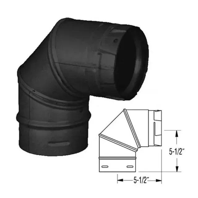 Black 90-degree HVAC elbow duct connector with 5-1/2 inch dimensions shown in diagram