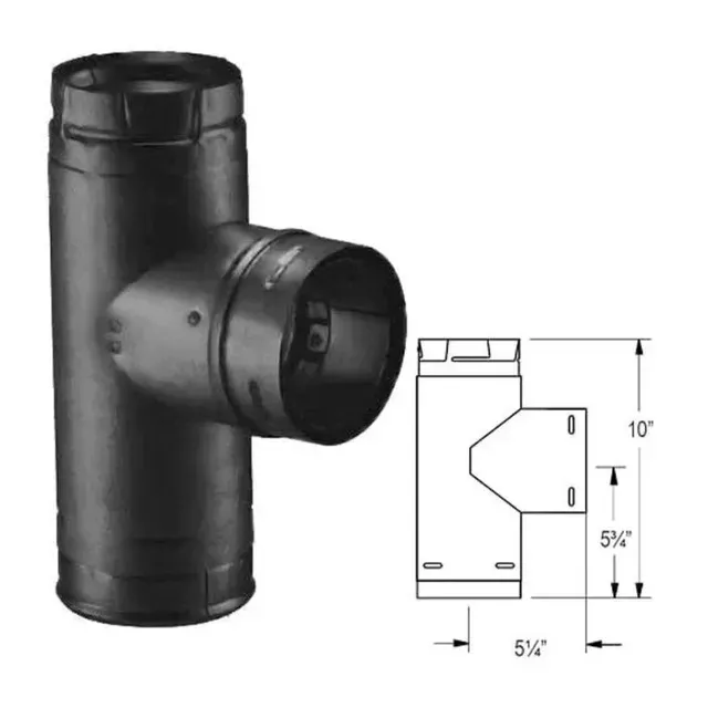 Black T-shaped pipe fitting with side branch and a small dimensioned technical drawing beside it