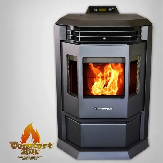 Black freestanding pellet stove with visible flames against a white wall