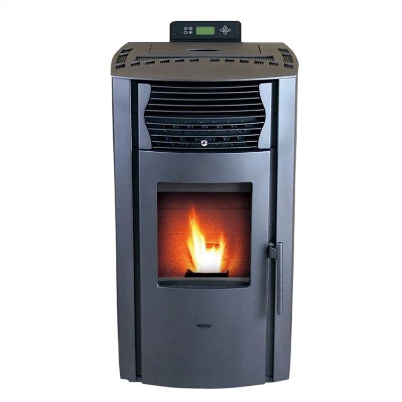 Black pellet stove with a small flame in the front window and a digital control panel on top