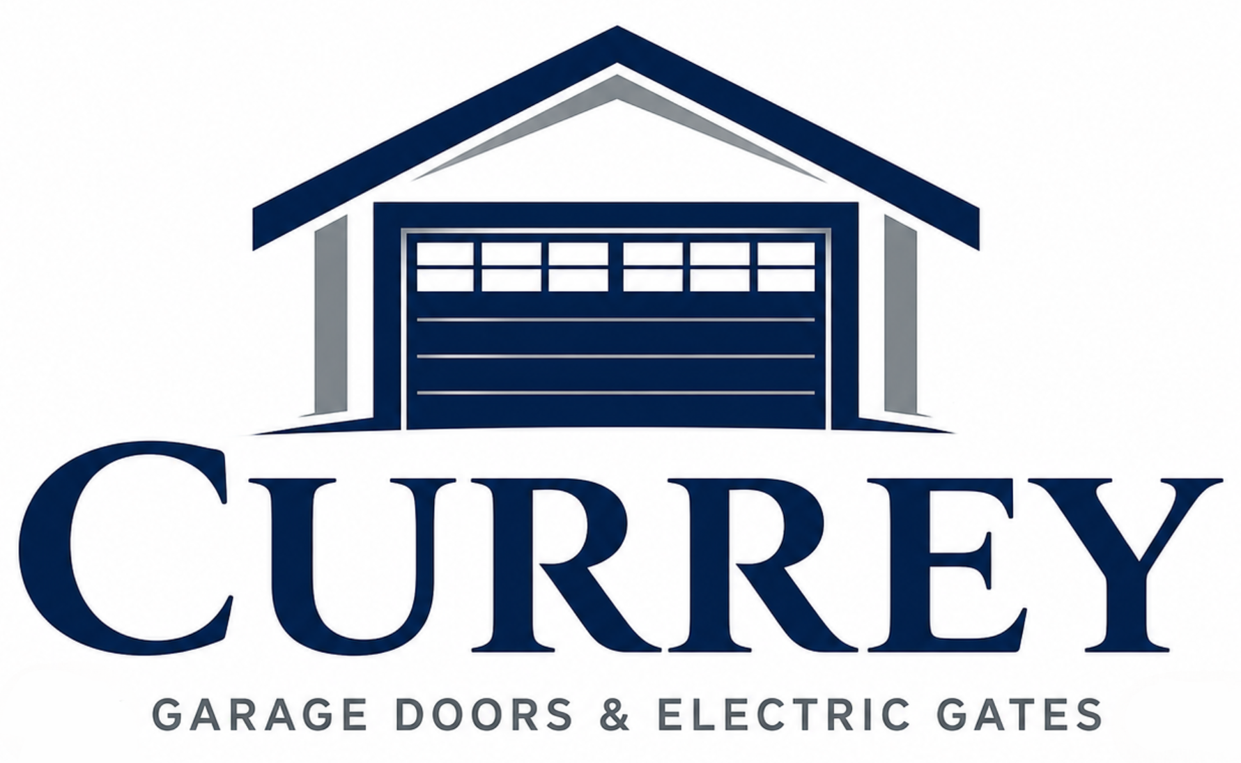 Currey Garage Doors & Electric Gates logo with navy garage door and roof icon