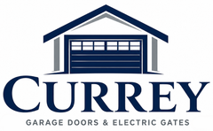Currey Garage Doors & Electric Gates logo with navy garage door and roof icon