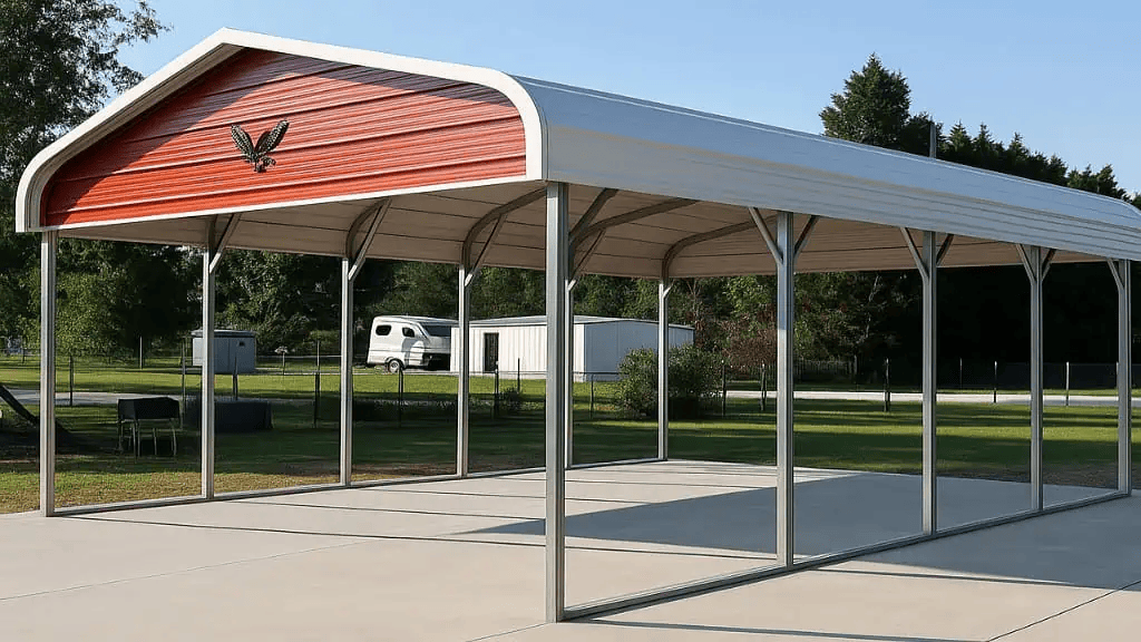 Metal carport with red roof, white trim, and concrete base in an outdoor setting.