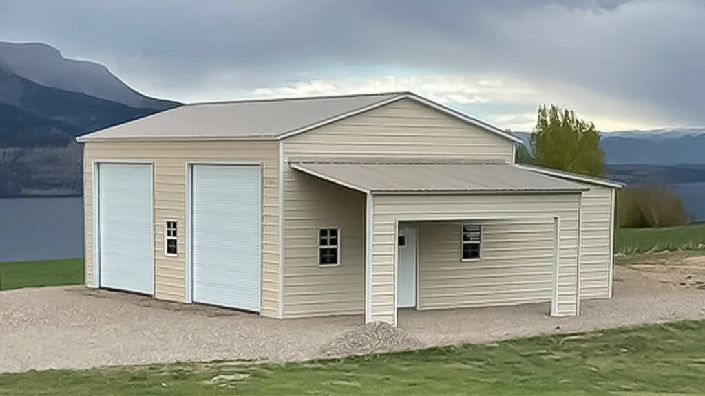 Tan metal building with two garage doors and a carport, set against a mountain and lake backdrop.
