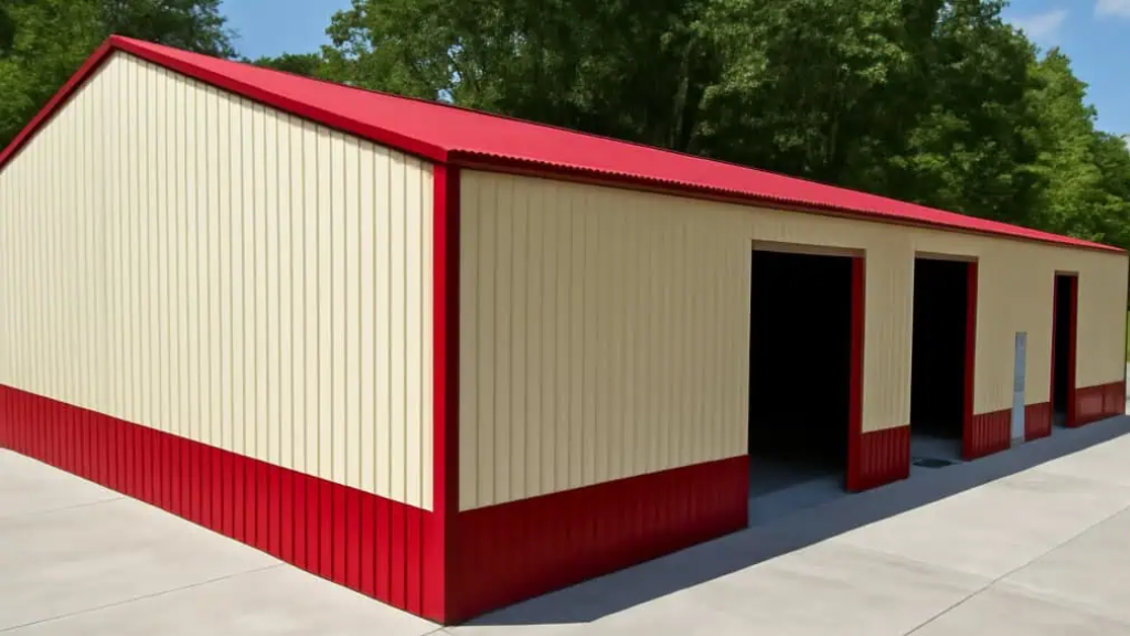 Metal warehouse with light gray walls, dark brown base, and open doors.