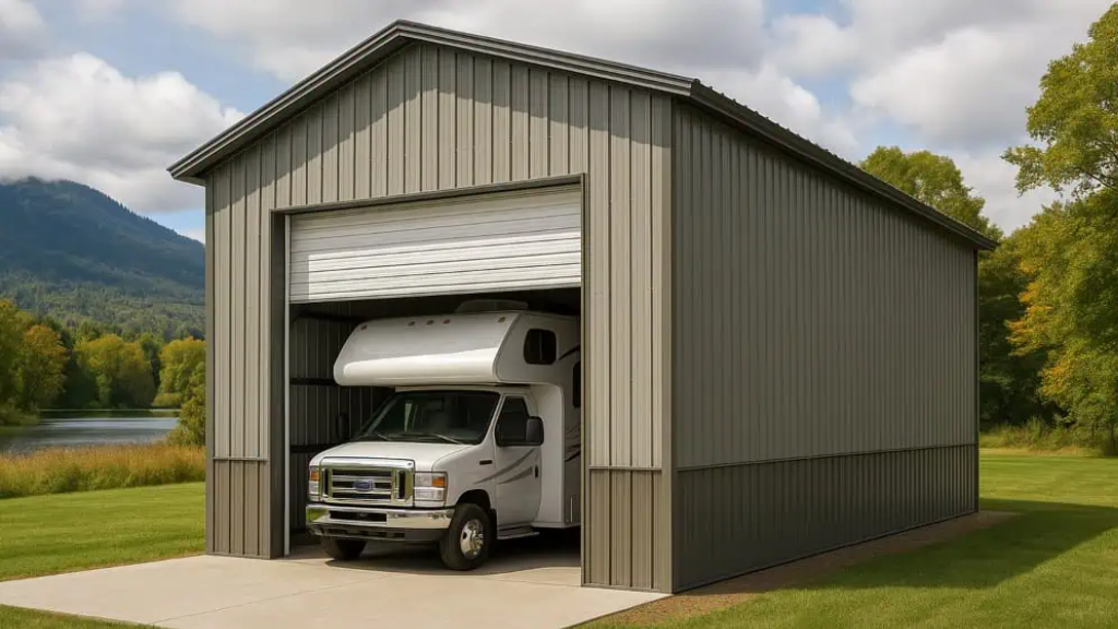 RV parked inside a tan metal carport with a blue roof and trim, on a concrete pad.