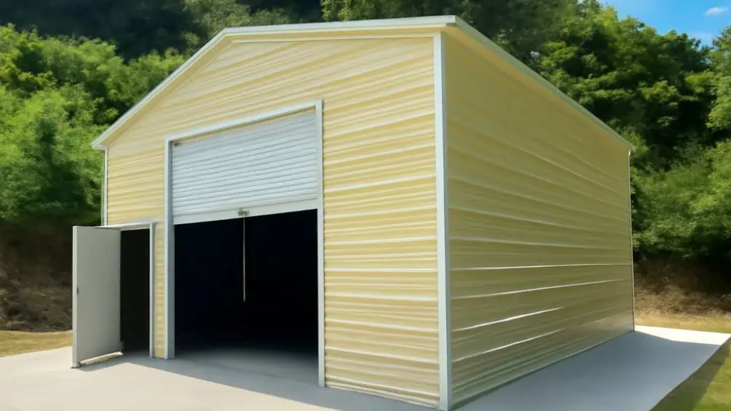Gray metal two-car garage with white doors; black trailer with spare tire sits to the side.