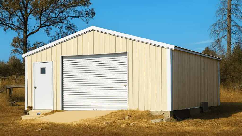 Gray metal garage with white garage door and window, blue sky.