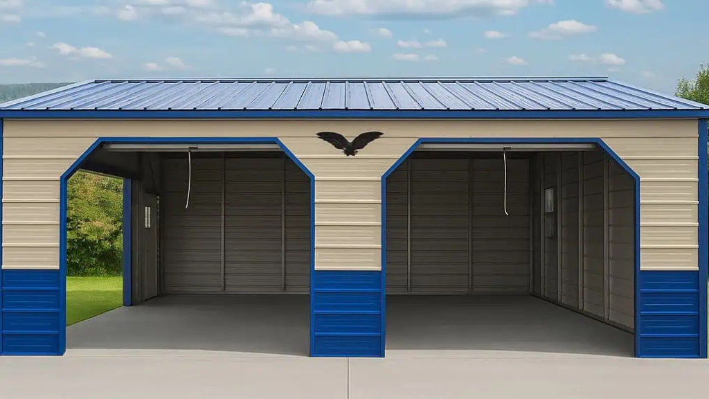 Tan metal garage with three garage doors and a side entry door, set against a wooded backdrop.