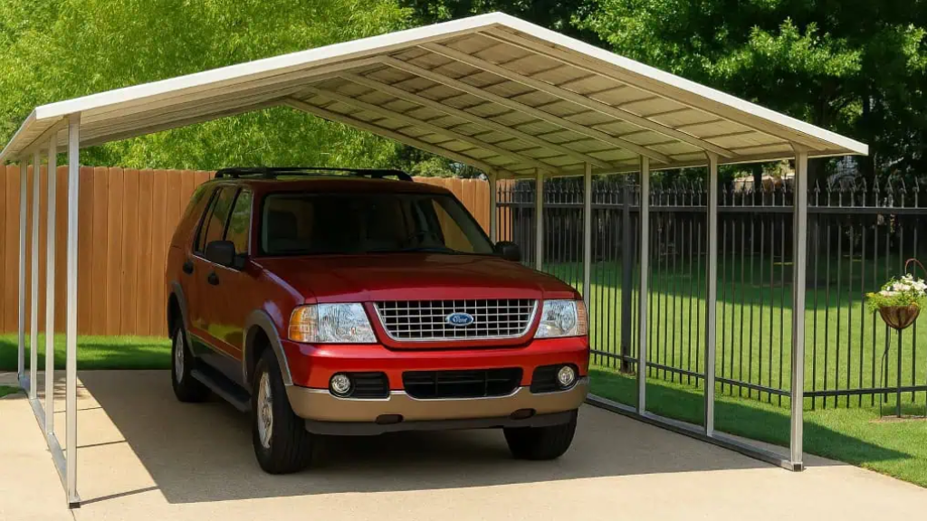 Metal carport with a gray roof on a concrete pad in a yard.