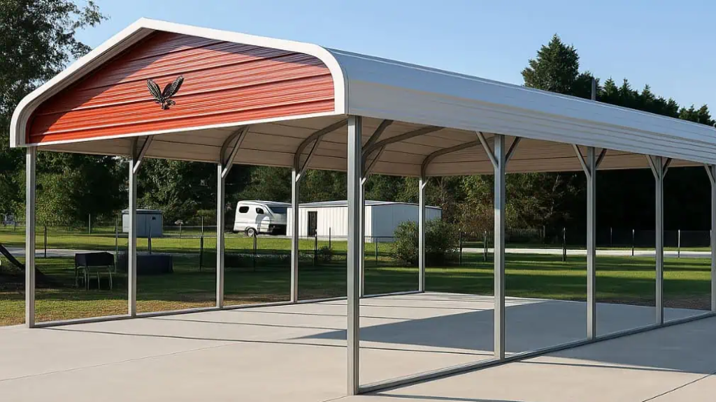 Tan metal carport with green roof, set on grass, with blue sky and houses in background.