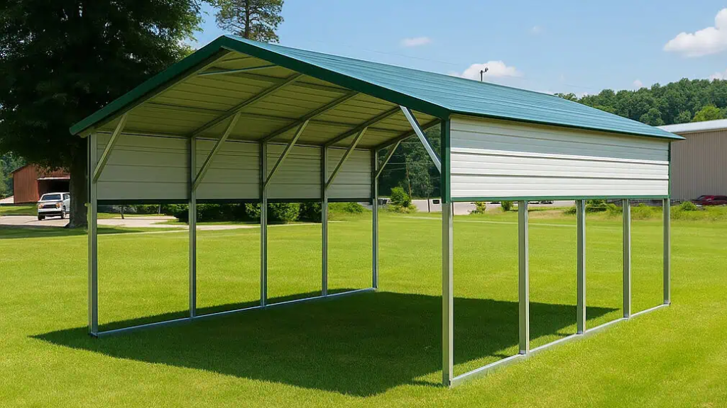 Green metal carport with open front, beige trim, and lawn setting.