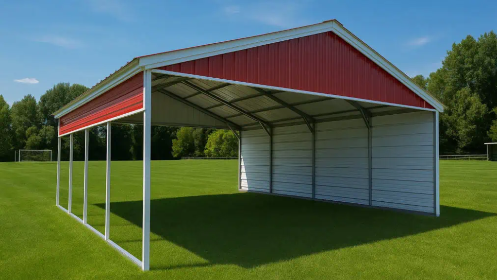 Metal carport with gray roof, on concrete pad in a backyard.
