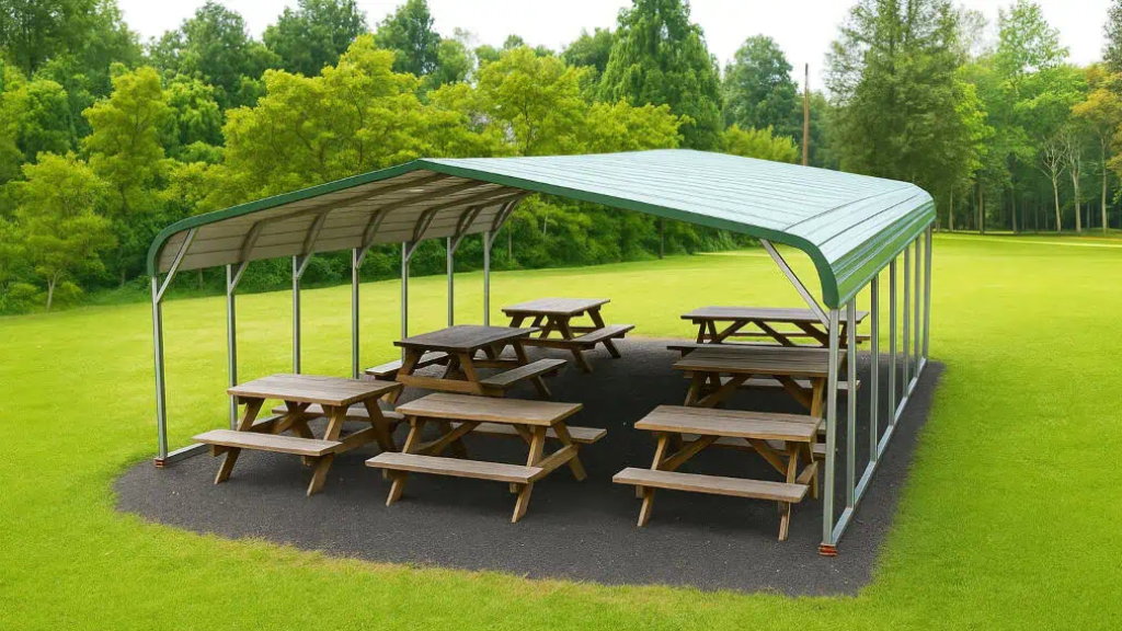 Metal carport shelters an orange excavator and black trailer. The setting is a forest.
