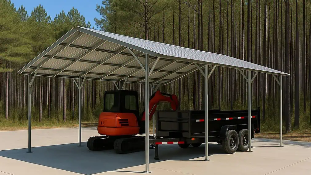 A black truck parked under a tan carport with two white tanks on trailers; gravel ground, green grass.