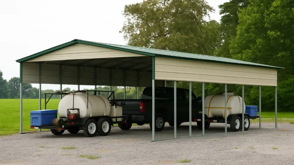 Picnic tables under a green-roofed metal shelter in a grassy area.