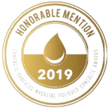 Gold “Honorable Mention” 2019 award seal with circular border and droplet icon