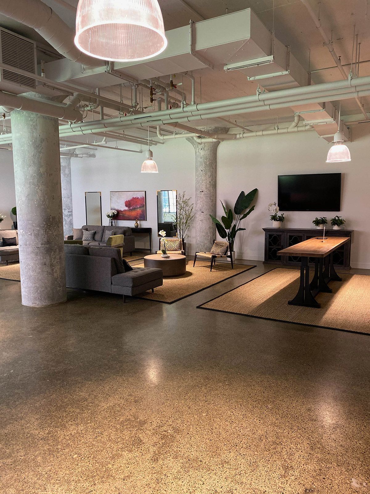 Modern office lounge with sofas, TV, plants, and pendant lights on polished concrete floor