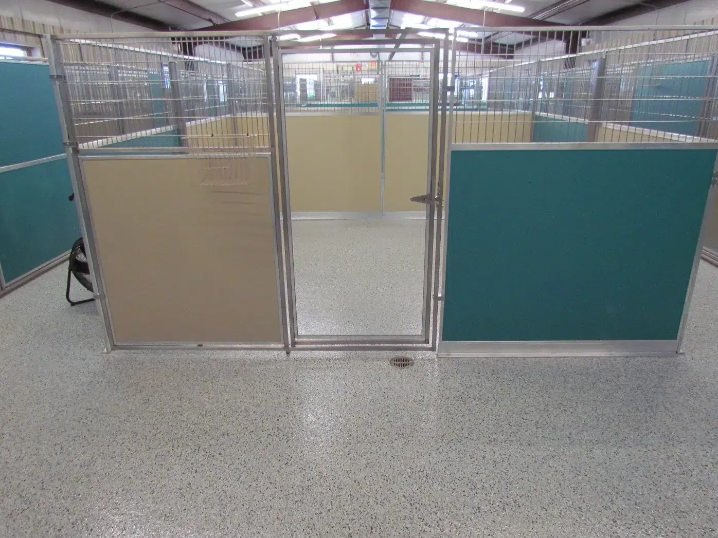 Indoor kennel aisle with metal gates and beige-and-green animal pens
