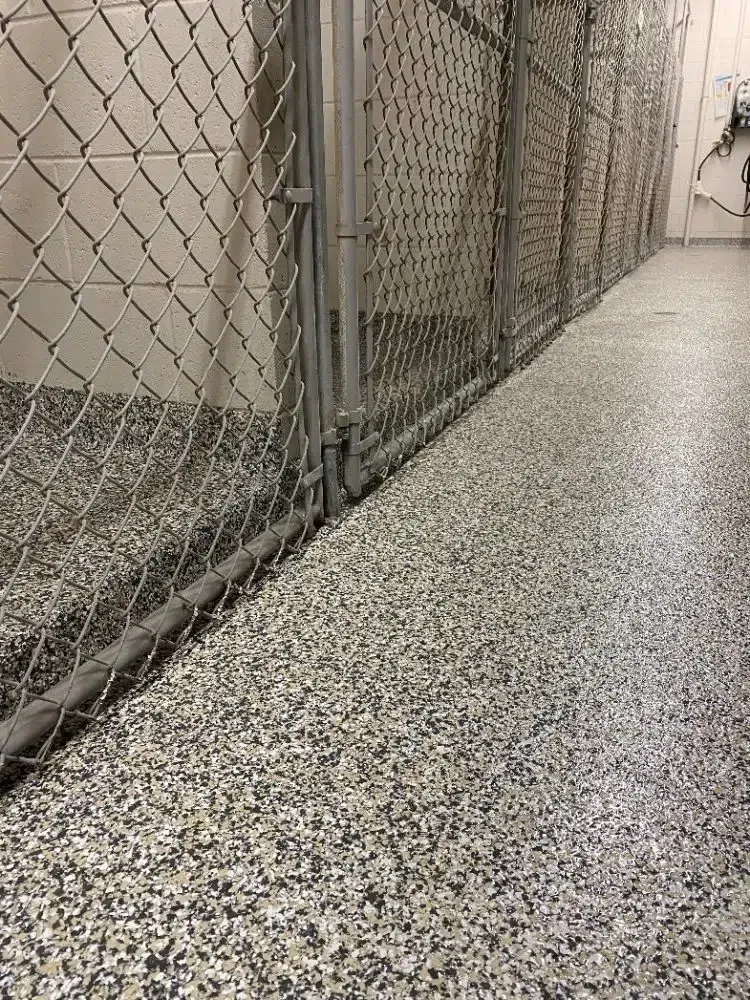 Chain-link fenced corridor with speckled terrazzo floor and beige walls