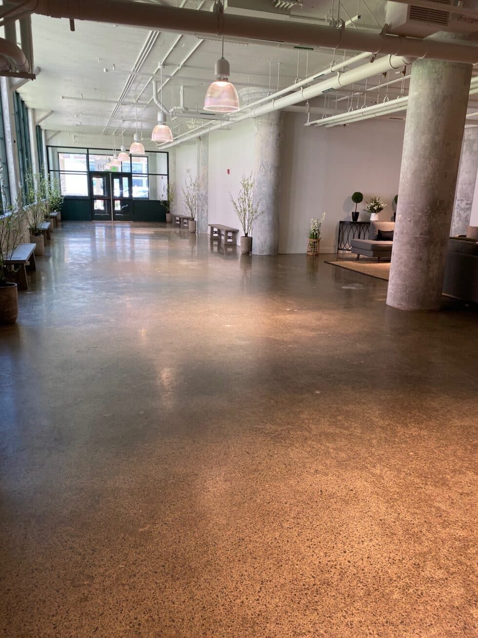 Empty modern lobby with polished concrete floor, white walls, hanging lights, and glass entrance doors.