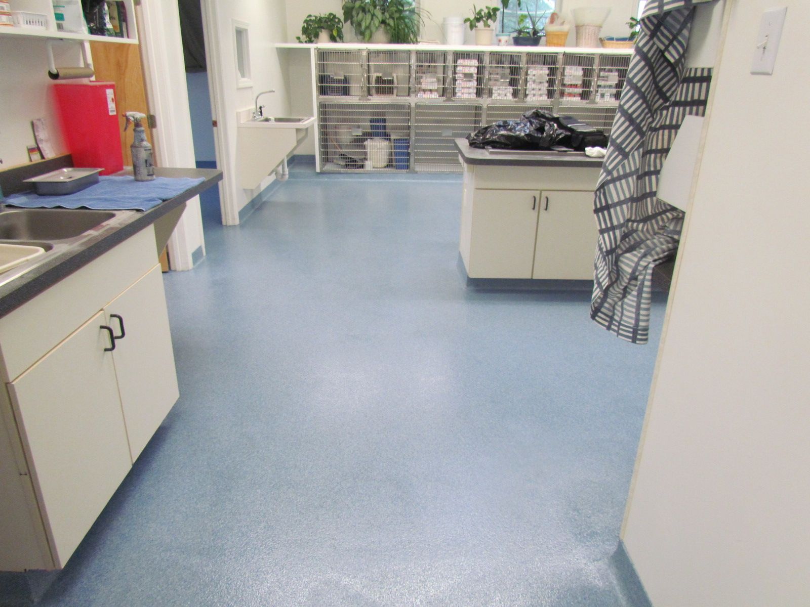 Empty hospital kitchen with blue floor, white cabinets, counter, sink, and a drying rack against the back wall