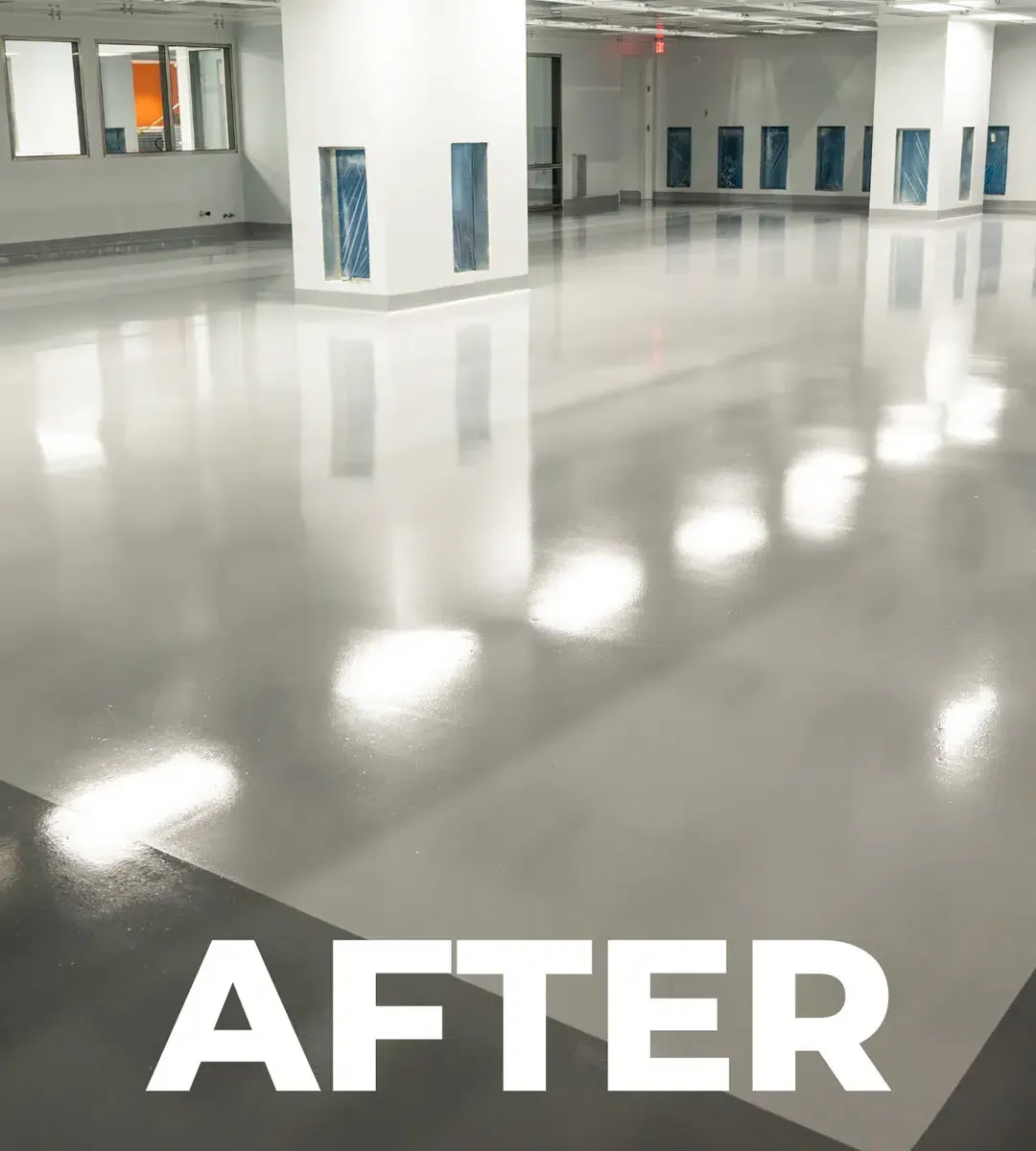 Empty polished room with white floors and blue wall panels, labeled “AFTER”