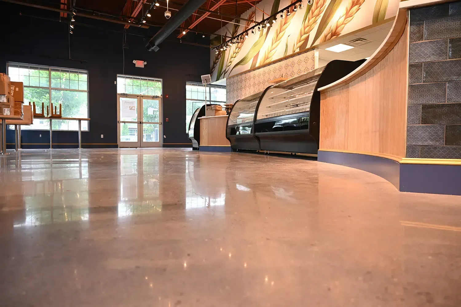 Empty modern lobby with polished floor, glass doors, and a curved reception counter