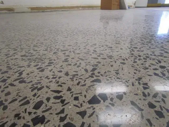 Polished terrazzo floor with gray and black speckles reflecting light in an indoor room