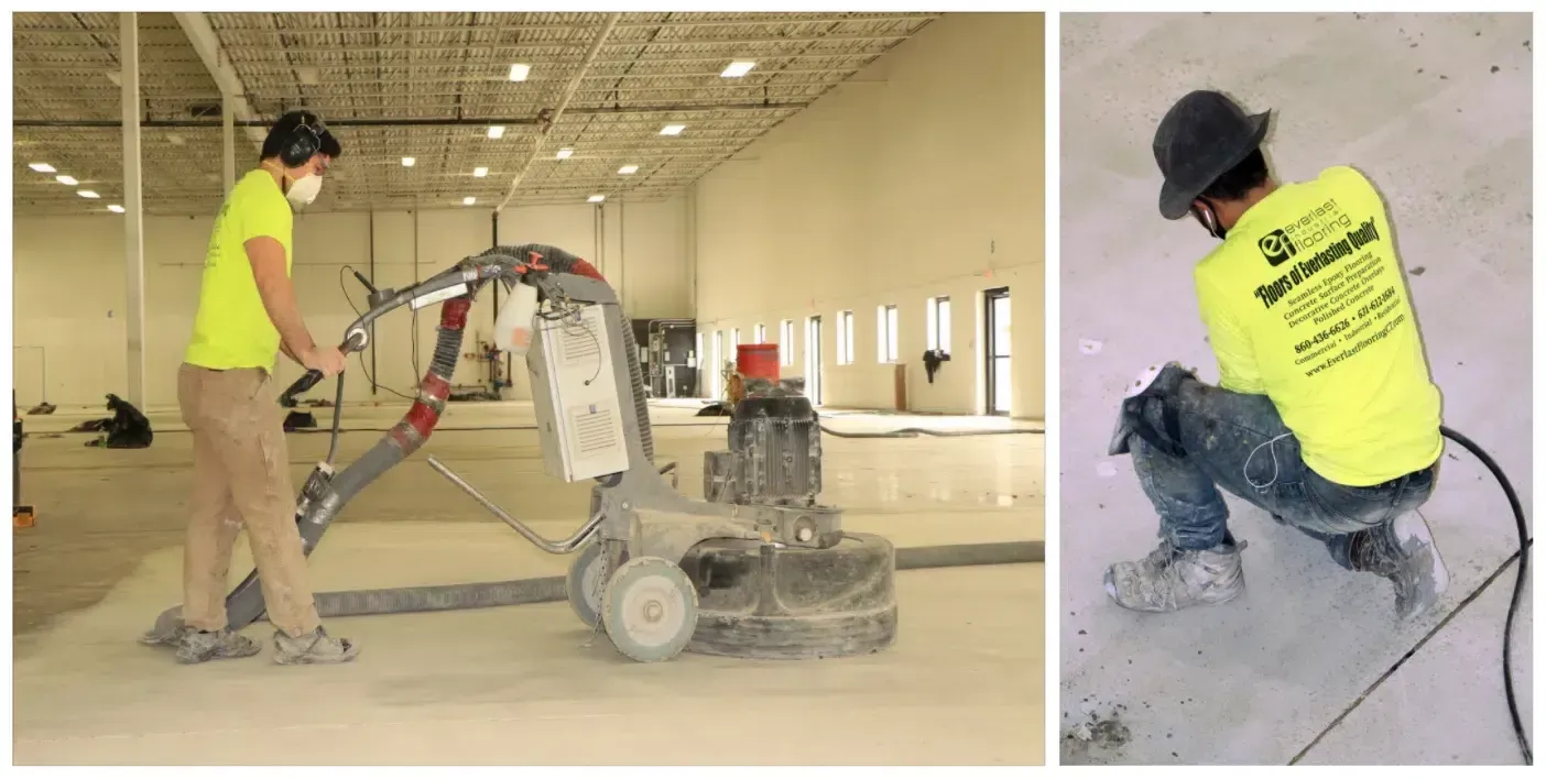 Two workers operate concrete floor grinders in a large indoor space