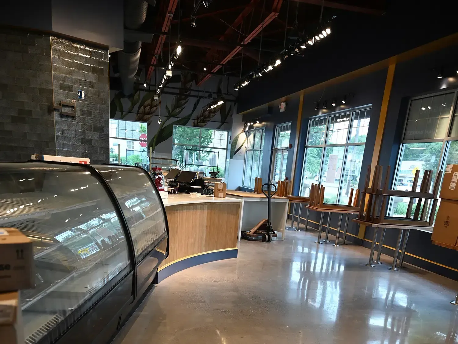 Empty café interior with curved display case, wood counter, and large windows.