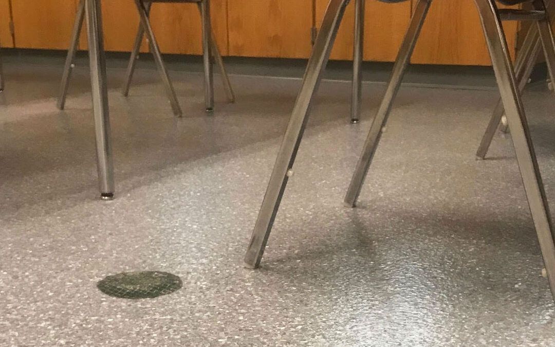 Metal chair legs on a speckled floor in a classroom or cafeteria, with wood paneling in the background.