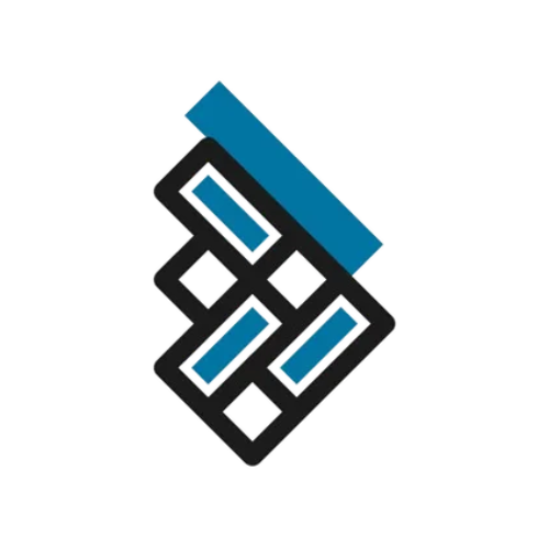 a blue and black icon of a building on a white background .