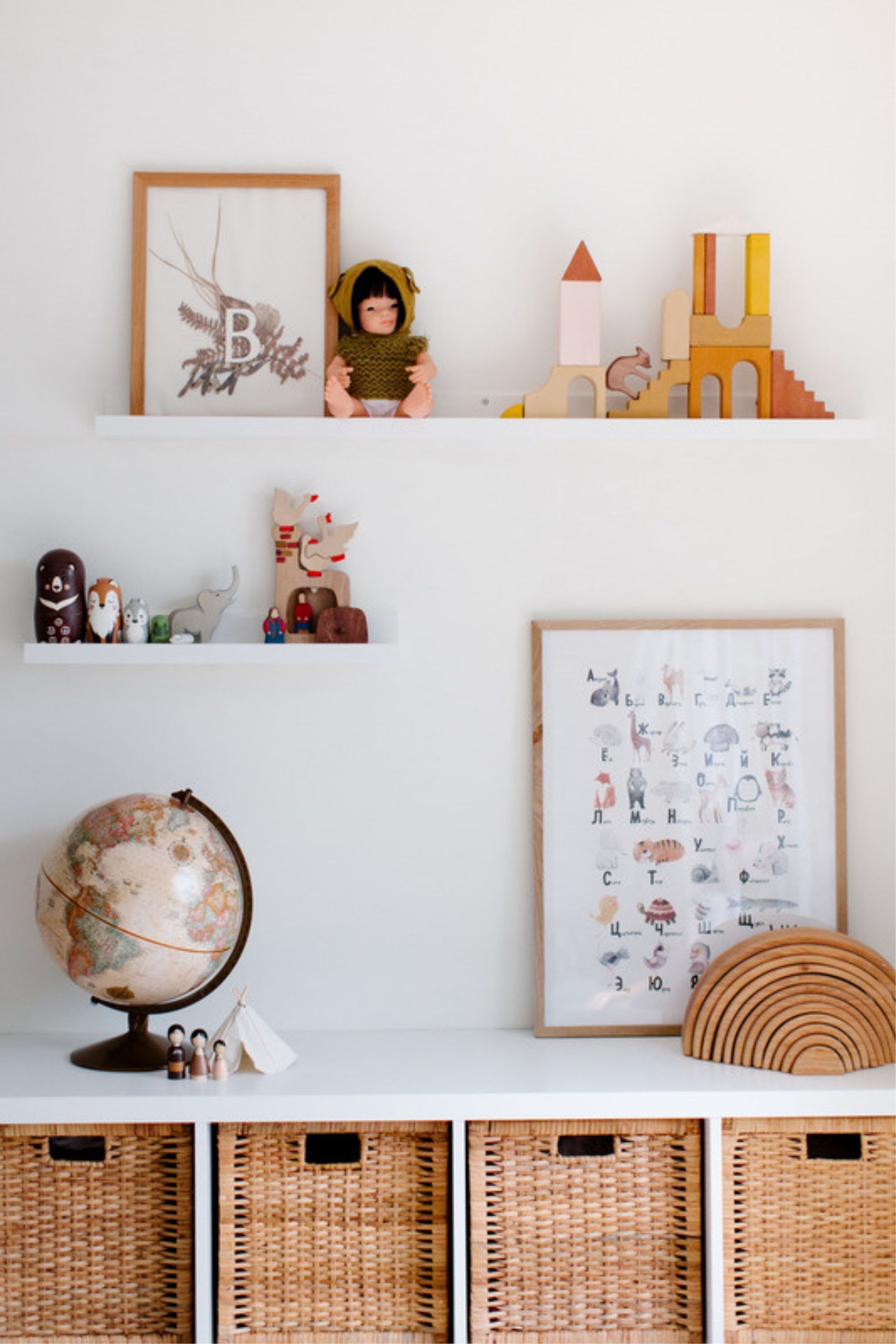 A shelf with a globe , baskets and toys on it. — The Home Assembly In Avoca Beach, NSW