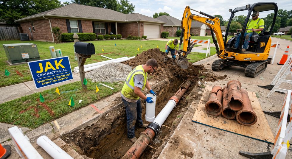 Workers repair a sidewalk trench with excavator, pipes, and a JAK utility sign in a residential neighborhood