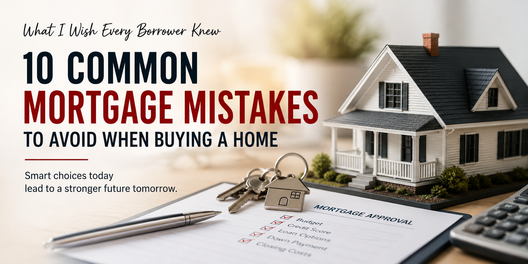 Graphic about 10 common mortgage mistakes with a house model, keys, and a document on a desk.