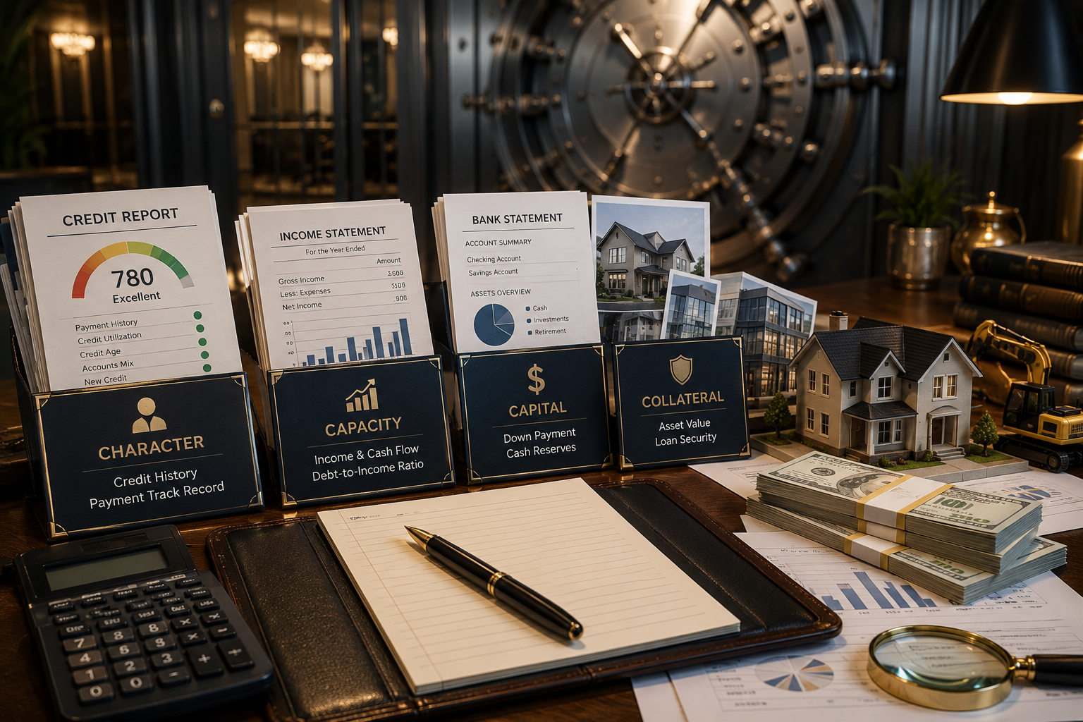 Luxury desk display with black notebooks, pens, cards, calculator, model house, and gold decor in a dark office