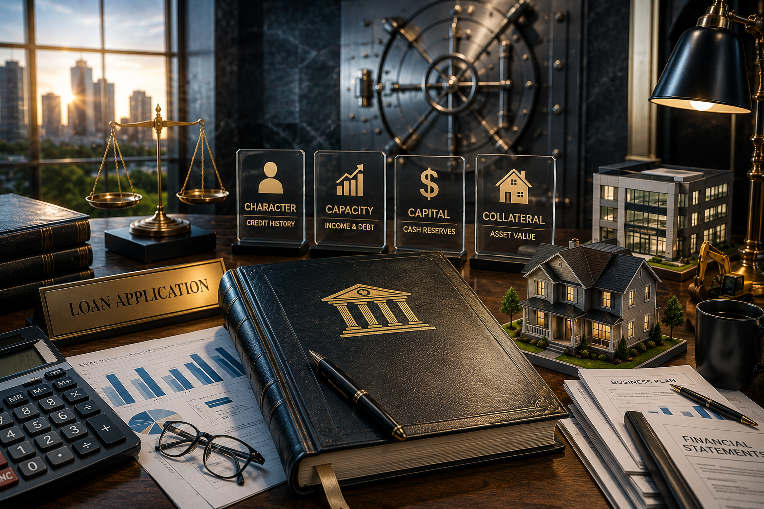 Luxury finance desk with calculator, charts, gold bars, model house, and city skyline at sunset
