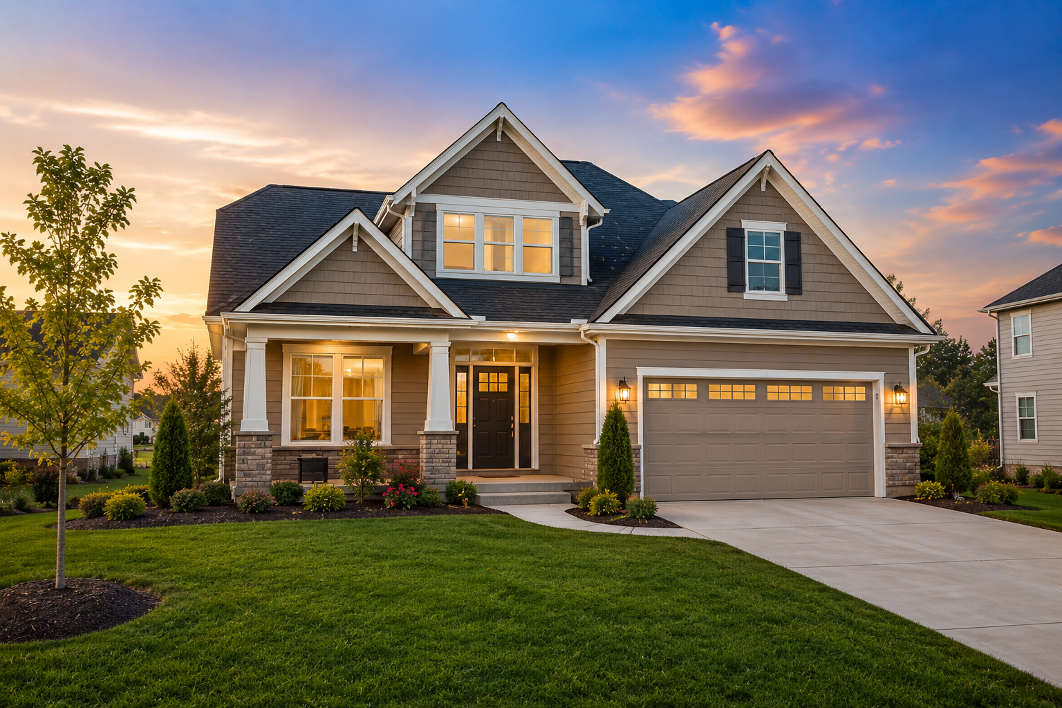 Book a Consultation Suburban house with lit windows, attached garage, and a neatly landscaped front yard at sunset