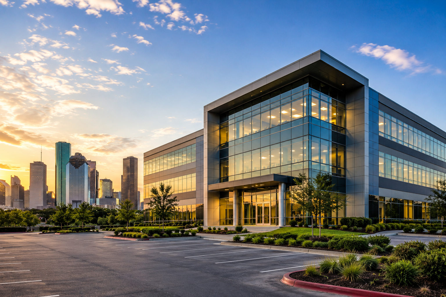 Book a Consultation Modern glass office building at sunset with city skyline and empty parking lot