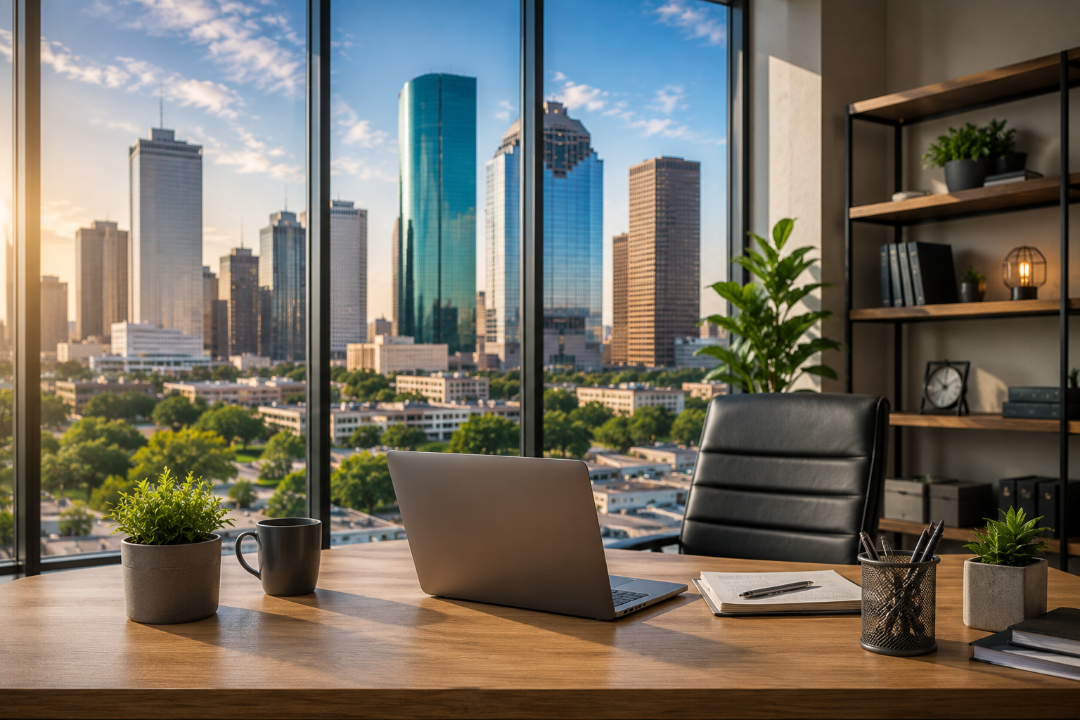 Book a Consultation Modern office desk with laptop and plants overlooking a sunny city skyline through large windows