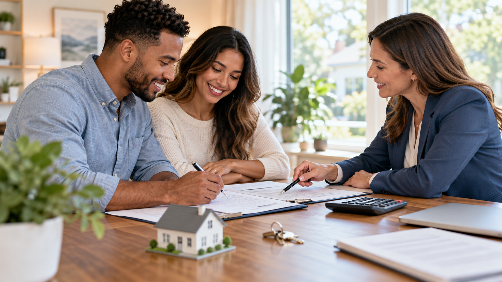Three people reviewing documents with an agent at a table, with a small house model in front of them