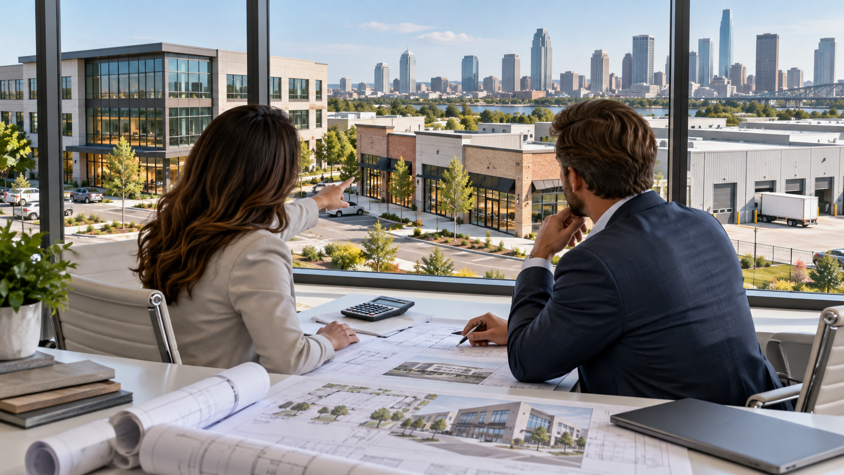 Two people review architectural plans in a modern office overlooking a city skyline.