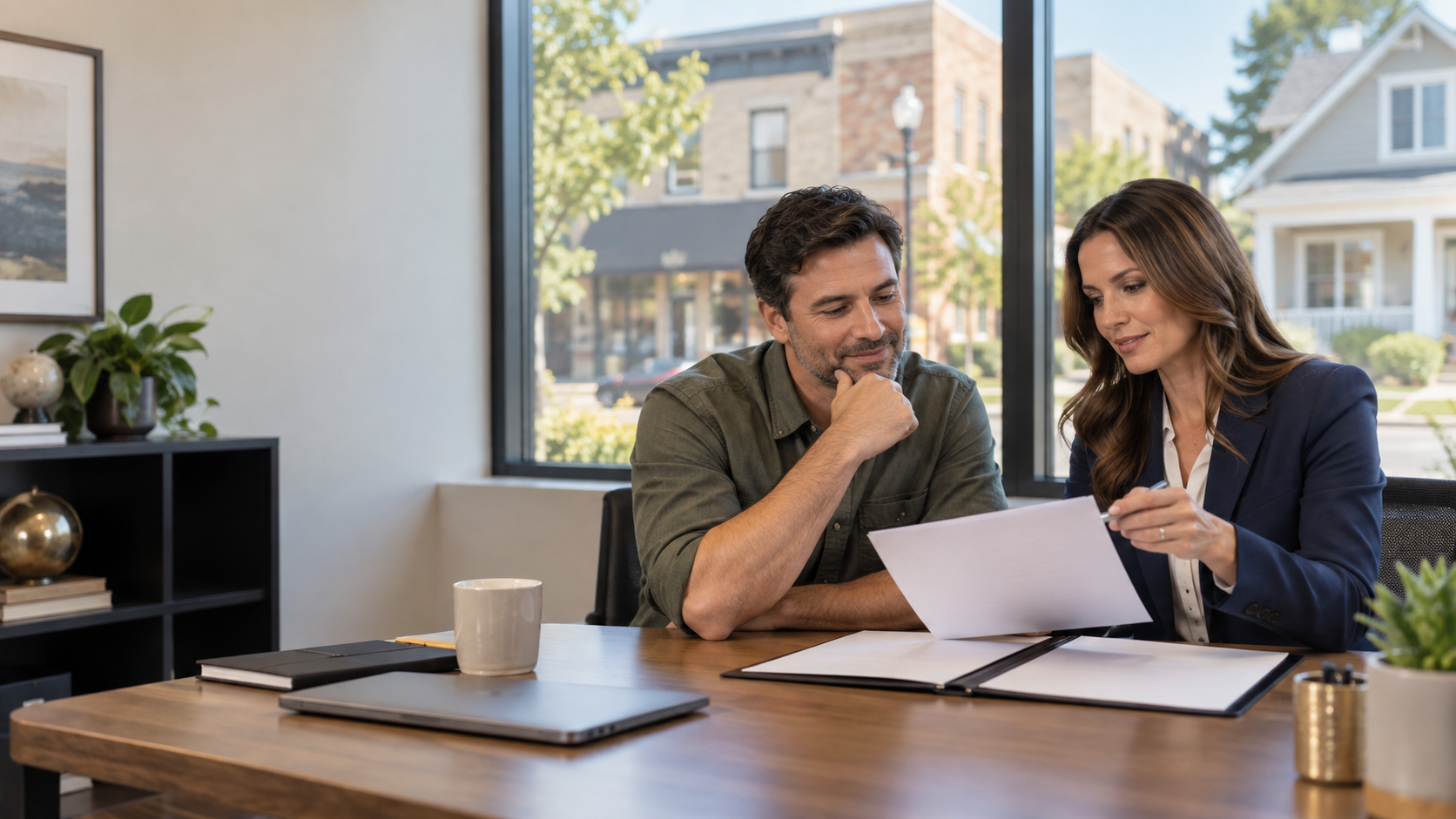 Two people review documents at a desk in a bright home office.