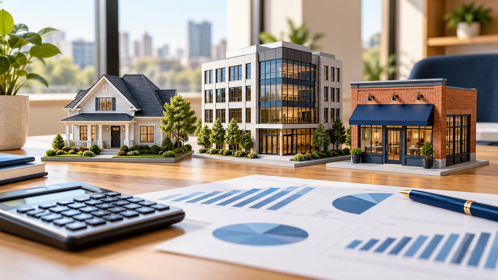 Model homes and office buildings on a desk with charts, a calculator, and a pen, suggesting real estate analysis