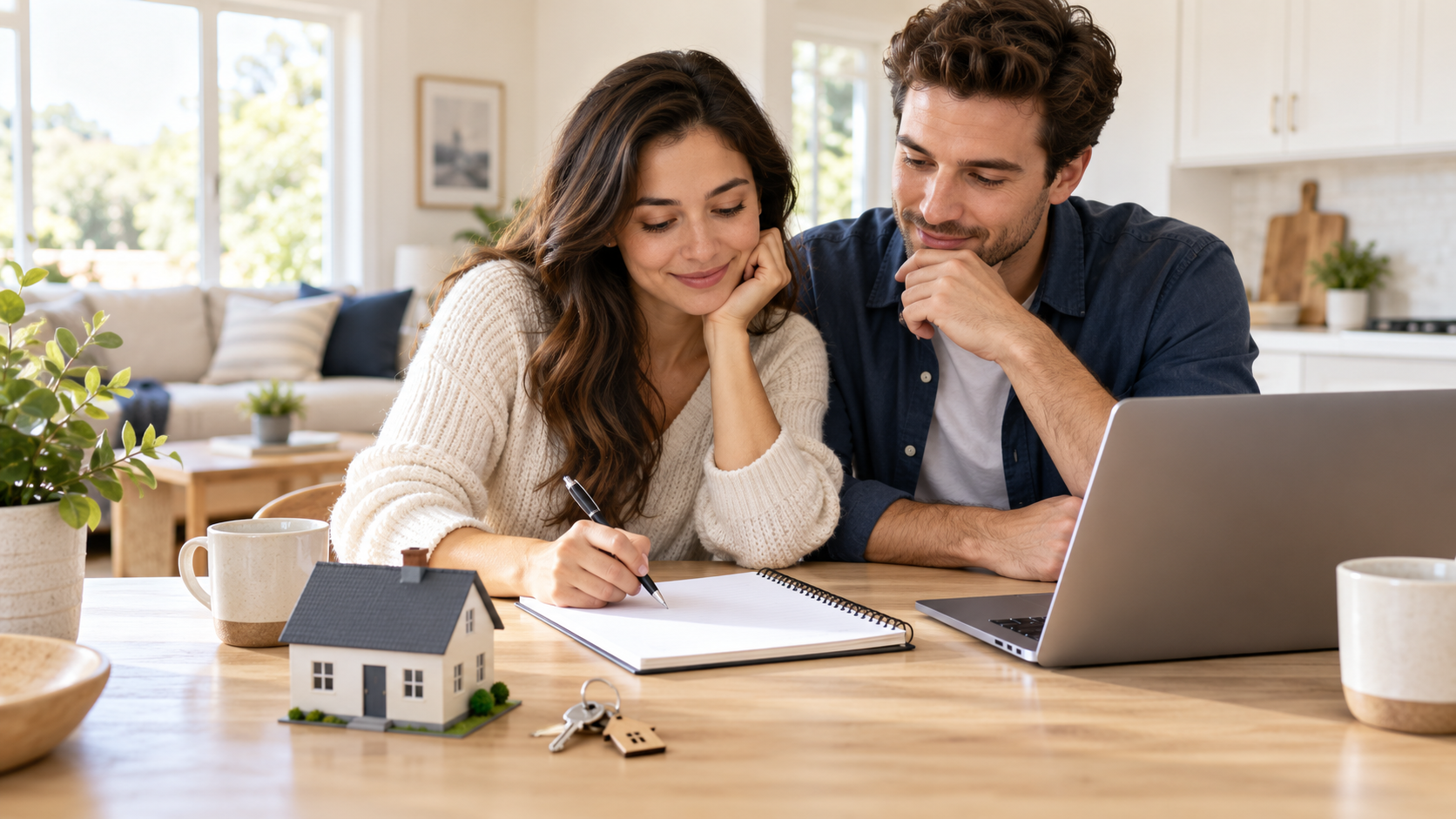 Homebuyers reviewing their savings and down payment options at home