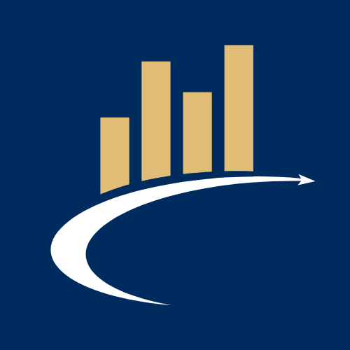 Gold bar graph with upward trend arrow on blue background.