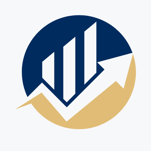 White bars and arrow pointing up, set against a gold and navy blue circle, signifying growth.